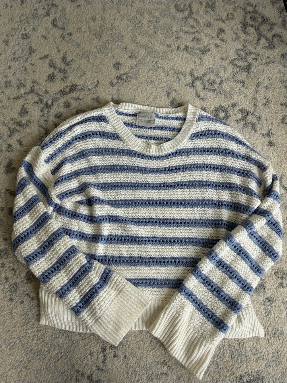 Women's White and Light Blue Striped Breathable Knit Sweater
